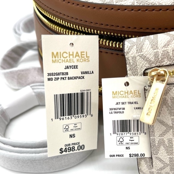 Michael Kors Jaycee Medium Zip Packet Backpack & Trifold Wallet Vanilla/Brown - Picture 13 of 13